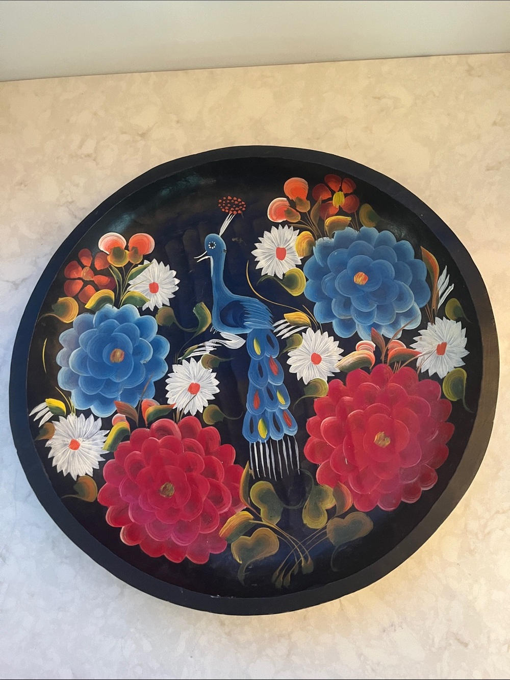 Vintage handpainted  and signed by artist peacock and floral resin tray 17.5” LG